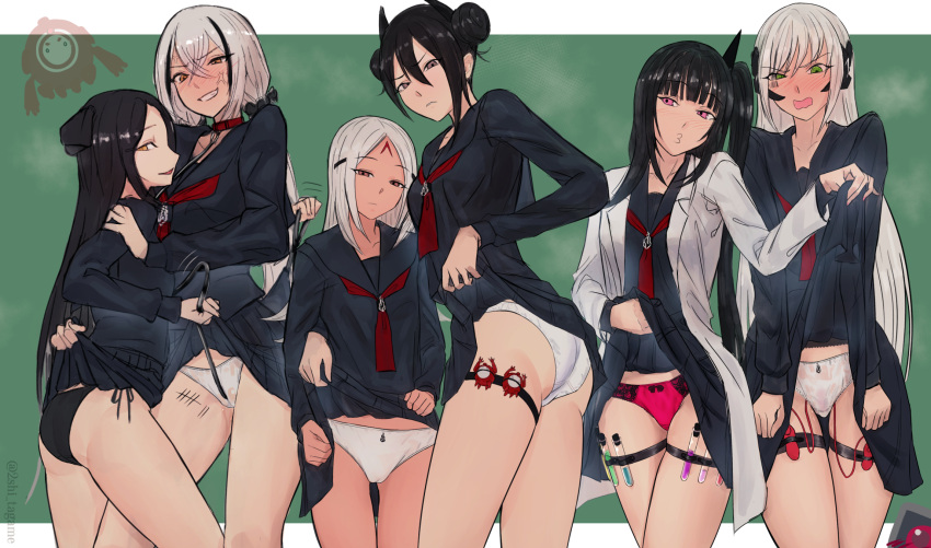 6+girls agent_(girls'_frontline) anger_vein architect_(girls'_frontline) ass black_dress black_hair black_panties black_serafuku black_skirt blush breasts brown_eyes closed_mouth clothes_lift commentary_request dark-skinned_female dark_skin double_bun dreamer_(girls'_frontline) dress elisa_(girls'_frontline) facial_mark forehead_mark gager_(girls'_frontline) gaia_(girls'_frontline) girls'_frontline goliath_(girls'_frontline) grey_hair hair_between_eyes hair_bun hair_ornament headgear height_difference highres lab_coat large_breasts long_hair long_sleeves looking_at_viewer low_twintails mizukamakiri multicolored_hair multiple_girls non-humanoid_robot official_alternate_costume open_mouth panties pink_eyes pussy_juice pussy_juice_drip_through_clothes red_panties robot sangvis_ferri school_uniform serafuku sex_toy side_ponytail skirt skirt_lift smile streaked_hair test_tube twintails underwear very_long_hair vibrator vibrator_under_clothes vibrator_under_panties white_hair white_panties yellow_eyes