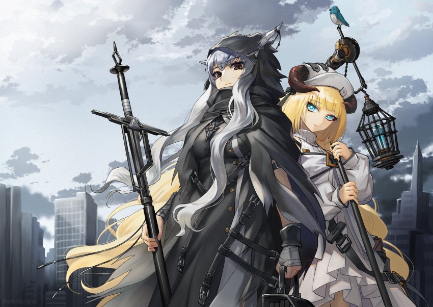 2girls arknights black_cloak blonde_hair cityscape cloak cloud cloudy_sky demon_horns grey_sky highres holding holding_staff holding_sword holding_weapon hood hooded_cloak horns horns_through_headwear horns_through_hood long_hair long_sword multiple_girls nightingale_(arknights) pointy_ears rigai_mayu shining_(arknights) sky staff sword torn_cloak torn_clothes very_long_hair weapon white_hair