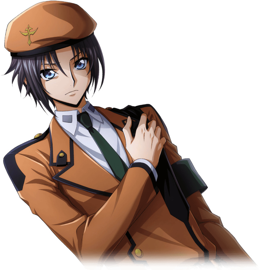 1boy arm_at_side armband artist_request beret black_hair blue_eyes buttons closed_mouth code_geass code_geass:_lost_stories collared_shirt cropped_torso dutch_angle game_cg green_necktie hand_on_own_chest hand_up hat jacket long_sleeves male_focus mario_disel necktie non-web_source official_art orange_hat orange_jacket serious shirt short_hair sidelocks simple_background solo standing transparent_background upper_body v-shaped_eyebrows white_shirt