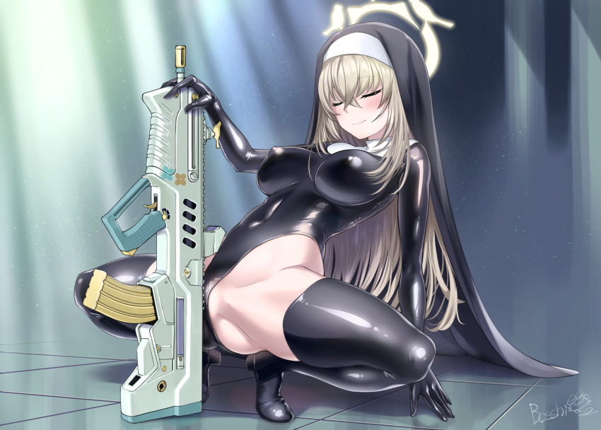 1girl assault_rifle black_leotard black_thighhighs blue_archive bosshi breasts bullpup closed_eyes closed_mouth coif covered_nipples crossed_bangs full_body gun hair_between_eyes halo high_heels highleg highleg_leotard highres holding holding_gun holding_weapon iwi_tavor large_breasts leotard long_hair nun rifle sakurako_(blue_archive) smile solo spread_legs squatting thighhighs tile_floor tiles tiptoes weapon yellow_halo