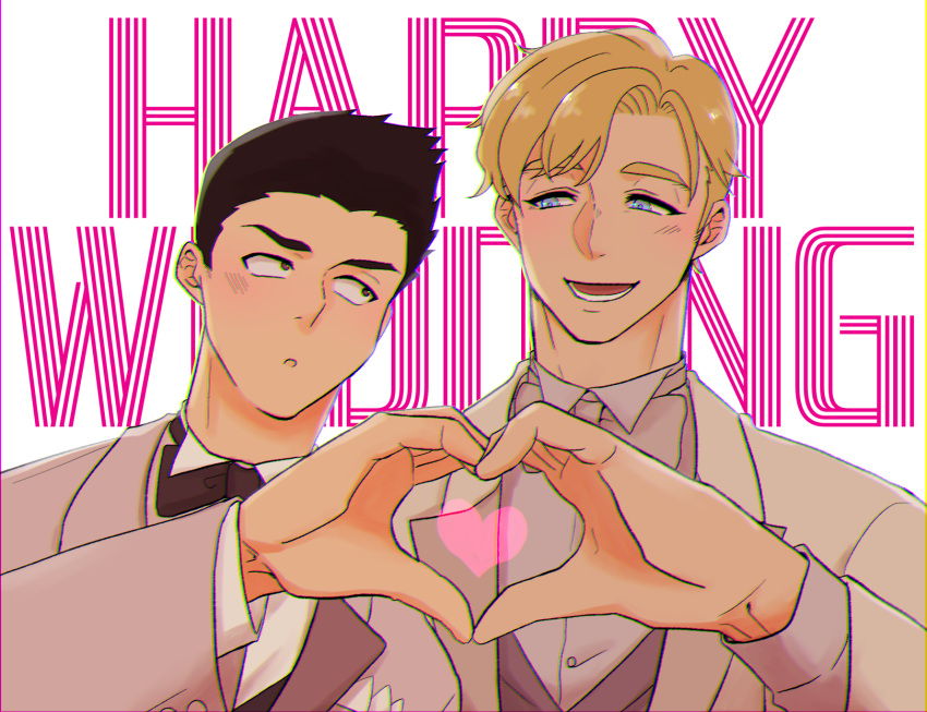 2boys ao_isami artist_request black_hair blonde_hair couple english_text facial_hair happy heart heart_hands heart_hands_duo highres husband_and_husband lewis_smith male_focus multiple_boys official_alternate_costume sideburns_stubble stubble suit thick_eyebrows upper_body white_suit yaoi yuuki_bakuhatsu_bang_bravern