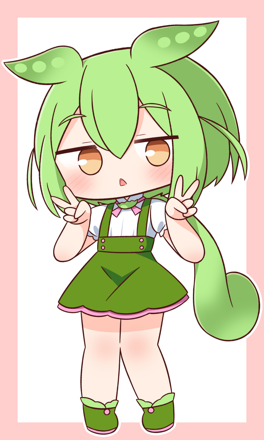 1girl :&lt; absurdres blush brown_eyes chibi double_v full_body green_footwear green_hair green_skirt hair_between_eyes hana_kazari hands_up highres long_hair looking_at_viewer outline parted_lips pigeon-toed pink_background puffy_short_sleeves puffy_sleeves shirt shoes short_sleeves skirt solo standing suspender_skirt suspenders triangle_mouth two-tone_background v very_long_hair voicevox white_background white_outline white_shirt zundamon