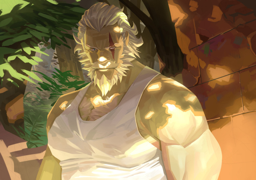 1boy bara beard facial_hair full_beard large_pectorals male_focus mature_male muscular muscular_male nesskain old old_man overwatch partially_blind pectoral_cleavage pectorals reinhardt_(overwatch) scar scar_across_eye short_hair sunlight tank_top thick_beard thick_chest_hair tree_shade upper_body white_hair white_tank_top