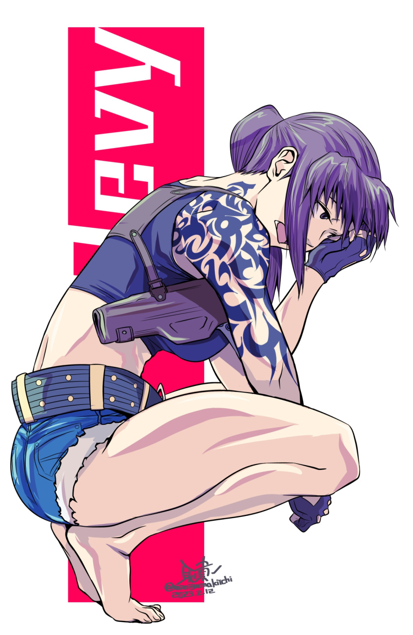 1girl arm_tattoo barefoot black_lagoon black_tank_top breasts brown_eyes brown_hair commentary_request crop_top dated denim denim_shorts facepalm fingerless_gloves from_side frown full_body gloves highres holster large_breasts micro_shorts mimiyama_kiichi neck_tattoo open_mouth ponytail revy_(black_lagoon) shorts shoulder_holster shoulder_tattoo signature solo squatting tank_top tattoo