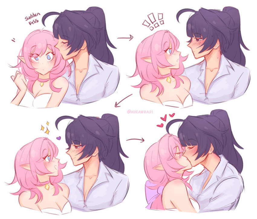 ! !! 2girls aurora_(aurawra21) blue_eyes blush breasts choker cleavage closed_eyes closed_mouth collared_shirt commentary elysia_(honkai_impact) english_commentary english_text eye_contact heart highres honkai_(series) honkai_impact_3rd kiss kissing_hair long_hair looking_at_another multiple_girls open_mouth pink_choker pink_hair pointy_ears ponytail purple_eyes purple_hair raiden_mei shirt simple_background sparkle sweat twitter_username white_background white_shirt yuri