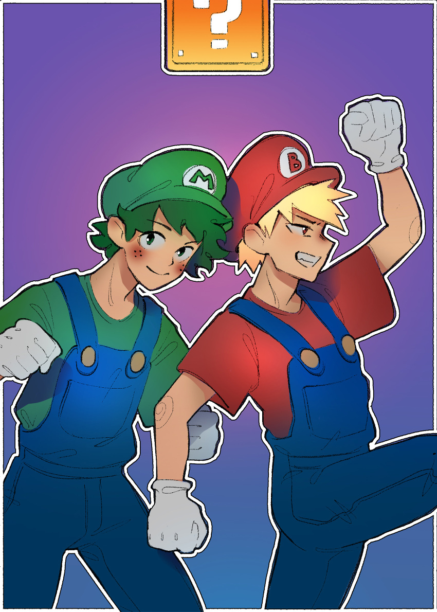 2boys ?_block arm_up bakugou_katsuki blonde_hair blue_overalls blush boku_no_hero_academia border clenched_hand cosplay freckles freesilverwind gloves gradient_background green_hair green_hat green_shirt grin highres luigi luigi_(cosplay) male_focus mario mario_(cosplay) midoriya_izuku multiple_boys overalls purple_background red_hat red_shirt shirt short_hair smile white_border white_gloves