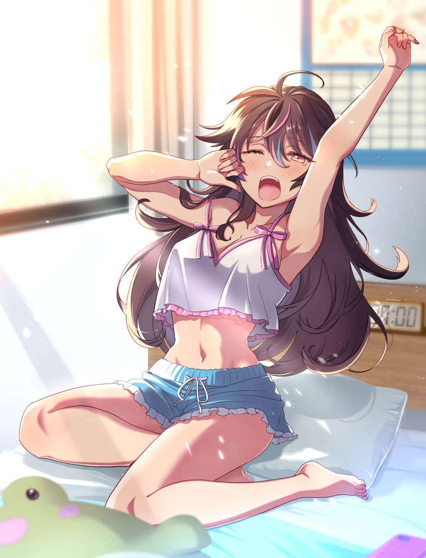 1girl absurdres ahoge alarm_clock arm_up barefoot black_hair blue_hair blue_shorts breasts brown_eyes calendar_(object) cleavage clock collarbone crop_top curtains eyelashes hair_between_eyes highres indie_virtual_youtuber long_hair midriff multicolored_hair navel neon_harper nyako_(lhq3p) one_eye_closed open_mouth pillow pink_hair second-party_source shorts solo streaked_hair stretching tan teeth upper_teeth_only virtual_youtuber waking_up window yawning