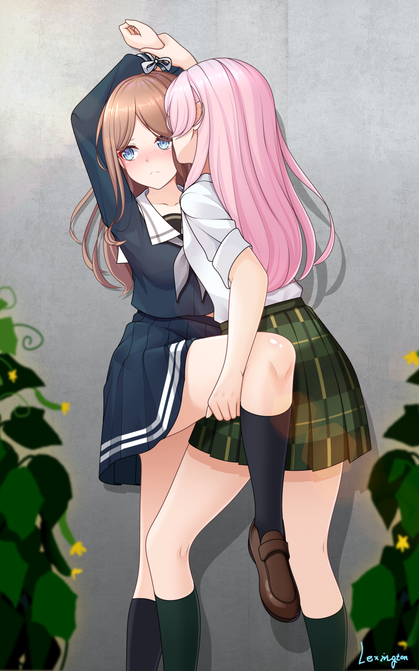 2girls absurdres artist_name bang_dream! bang_dream!_it's_mygo!!!!! black_socks blue_eyes blue_shirt blush brown_footwear brown_hair chihaya_anon chinese_commentary closed_mouth commentary_request fffteam green_skirt grey_neckerchief hand_on_another's_thigh haneoka_school_uniform heart highres kiss kissing_cheek kneehighs leaf leg_up loafers long_hair long_sleeves multiple_girls nagasaki_soyo neckerchief outdoors pink_hair pinned plaid plaid_skirt pleated_skirt sailor_collar school_uniform shadow shirt shoes short_sleeves skirt socks tsukinomori_school_uniform white_sailor_collar white_shirt yuri