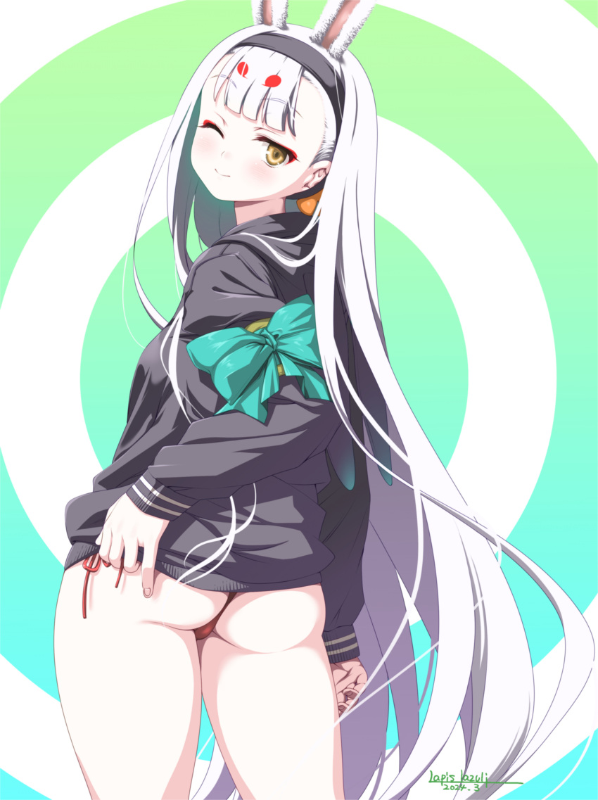 1girl absurdres animal_ears ass azur_lane black_jacket blush brown_eyes clothes_lift from_behind hairband highres jacket jacket_lift lifted_by_self long_hair looking_back one_eye_closed panties rabbit_ears red_panties shimakaze_(azur_lane) side-tie_panties smile solo thighs umyonge_(lkakeu) underwear very_long_hair white_hair