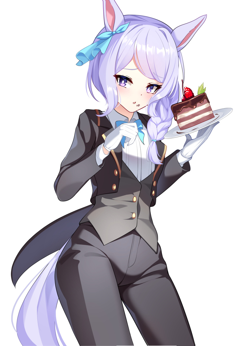 1girl absurdres animal_ears black_jacket black_pants black_vest blush braid braided_ponytail cake collared_shirt commentary_request cowboy_shot cropped_jacket ear_ornament food food_on_face gloves highres holding holding_plate horse_ears horse_girl horse_tail jacket long_hair long_sleeves mejiro_mcqueen_(umamusume) open_clothes open_jacket open_mouth pants plate purple_eyes purple_hair shirt simple_background solo sunny_(20597521) tail umamusume vest white_background white_gloves