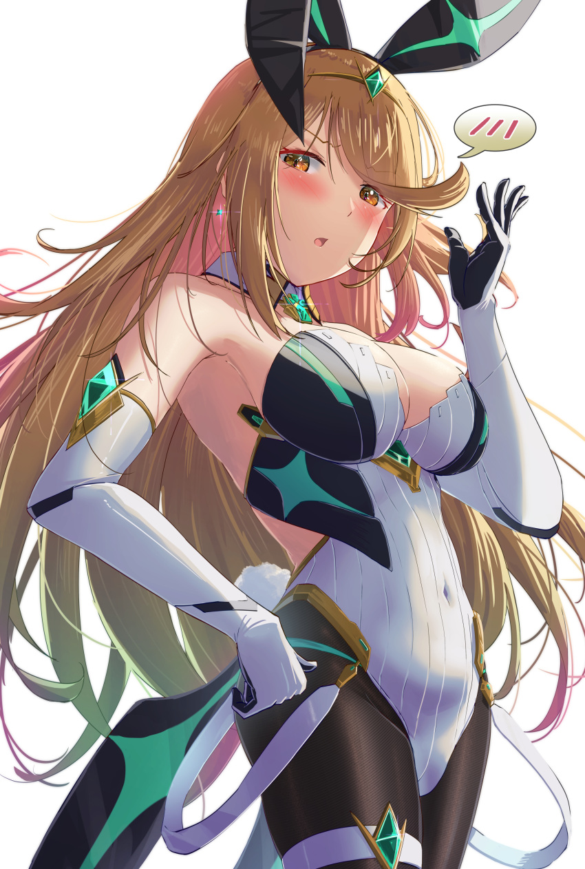 1girl absurdres armpits blonde_hair blush breasts chest_jewel cleavage core_crystal_(xenoblade) covered_navel cowboy_shot dangle_earrings detached_collar drop_earrings earrings elbow_gloves gem gloves hand_up headpiece highres jewelry large_breasts leotard long_hair looking_at_viewer mythra_(xenoblade) open_mouth origami_yakko rabbit_tail solo speech_bubble swept_bangs tail thigh_strap tiara white_background xenoblade_chronicles_(series) xenoblade_chronicles_2 yellow_eyes