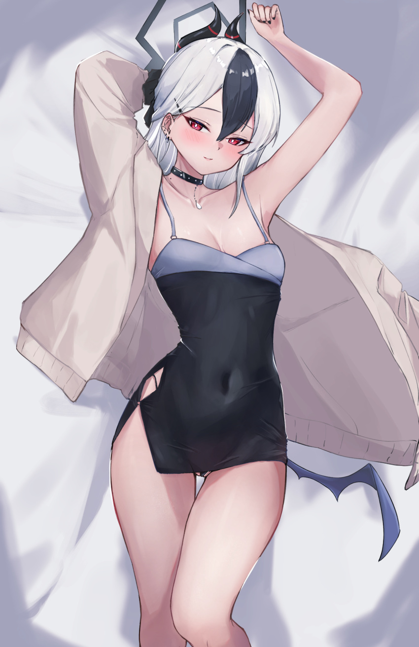 1girl bare_legs bare_shoulders black_choker black_dress black_hair black_horns black_panties blue_archive blush breasts choker demon_horns dress ear_piercing grey_hair grey_halo grey_jacket hair_between_eyes halo highres horns jacket kayoko_(blue_archive) kayoko_(dress)_(blue_archive) long_hair looking_at_viewer mole mole_on_neck multicolored_hair official_alternate_costume open_clothes open_jacket panties piercing red_eyes sakyuro501 simple_background small_breasts solo studded_choker thighs underwear white_background