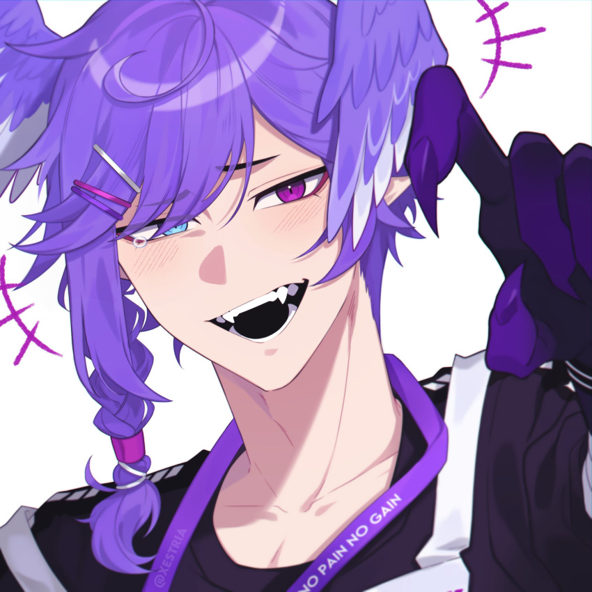 1boy asymmetrical_arms black_shirt blue_eyes braid fangs genderswap genderswap_(ftm) hair_ornament hairclip head_wings heterochromia highres lanyard long_hair looking_at_viewer nijisanji nijisanji_en open_mouth purple_eyes selen_tatsuki shirt side_braid simple_background single_braid smile solo upper_body white_background wings xestria