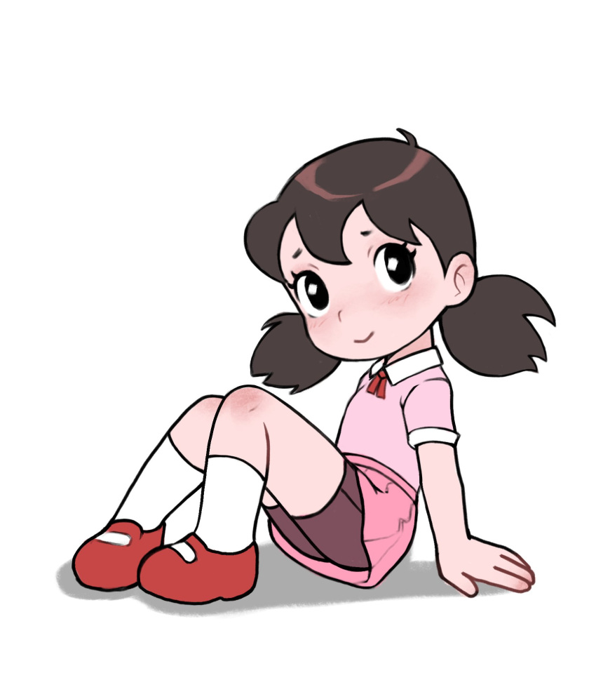 1girl bike_shorts black_eyes black_hair blush doraemon full_body highres looking_at_viewer minamoto_shizuka pink_shirt pink_skirt qtkat red_footwear shirt simple_background sitting skirt smile socks solo twintails white_background white_socks