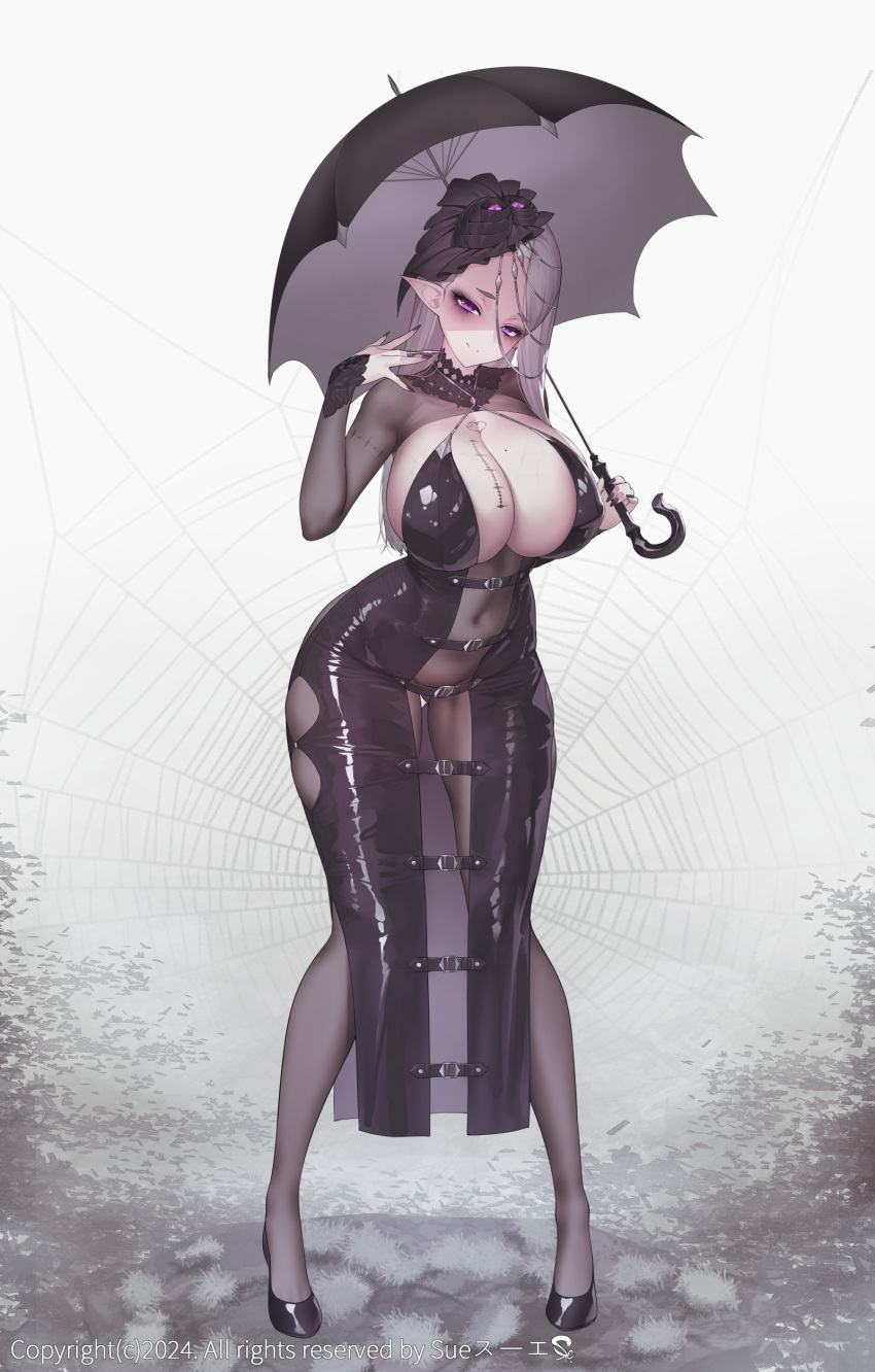 1girl absurdres black_dress black_nails black_umbrella bodystocking breasts cleavage covered_navel dress grey_hair highres hip_vent holding holding_umbrella large_breasts latex latex_dress light_smile looking_at_viewer original plunging_neckline pointy_ears purple_eyes runny_makeup shrug_(clothing) silk solo spider_web standing suerte umbrella veins veiny_breasts