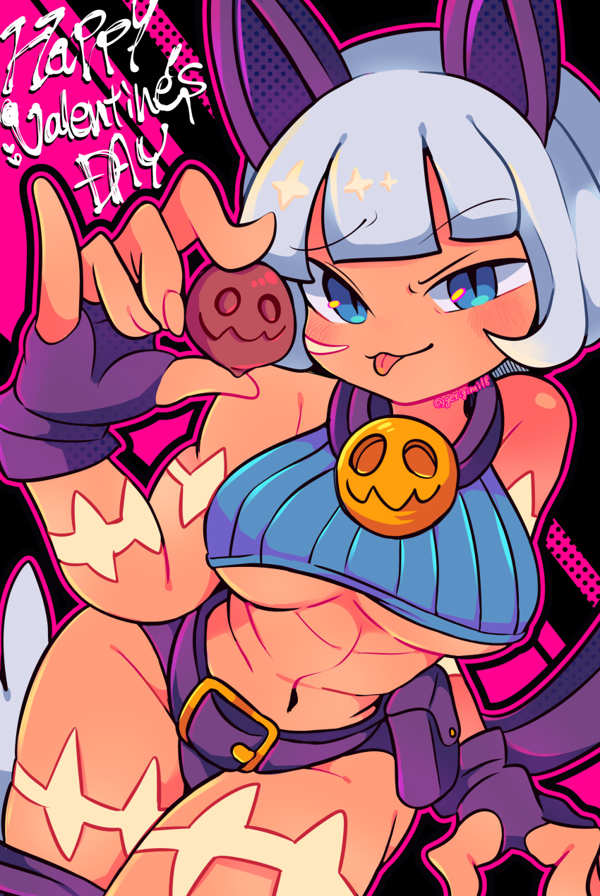 1girl absurdres animal_ears bare_shoulders belt blue_eyes blush bob_cut cat_ears cat_girl chocolate cowboy_shot crop_top fingerless_gloves food gerigimin gloves happy_valentine highres holding holding_chocolate holding_food micro_shorts ms._fortune_(skullgirls) scar short_hair shorts skullgirls sleeveless solo tan tongue tongue_out twitter_username valentine white_hair