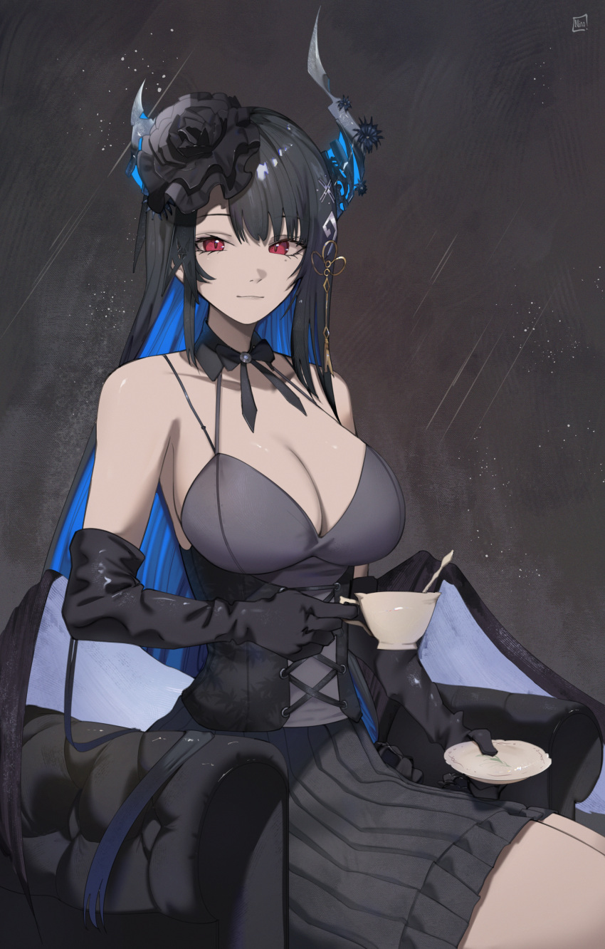 1girl absurdres alternate_costume asymmetrical_horns bare_shoulders black_hair blue_hair breasts cleavage colored_inner_hair cup demon_horns dress hair_ornament highres hololive hololive_english horns large_breasts long_hair looking_at_viewer mole mole_under_eye multicolored_hair nerissa_ravencroft o22no red_eyes smile solo tea teacup two-tone_hair uneven_horns very_long_hair virtual_youtuber