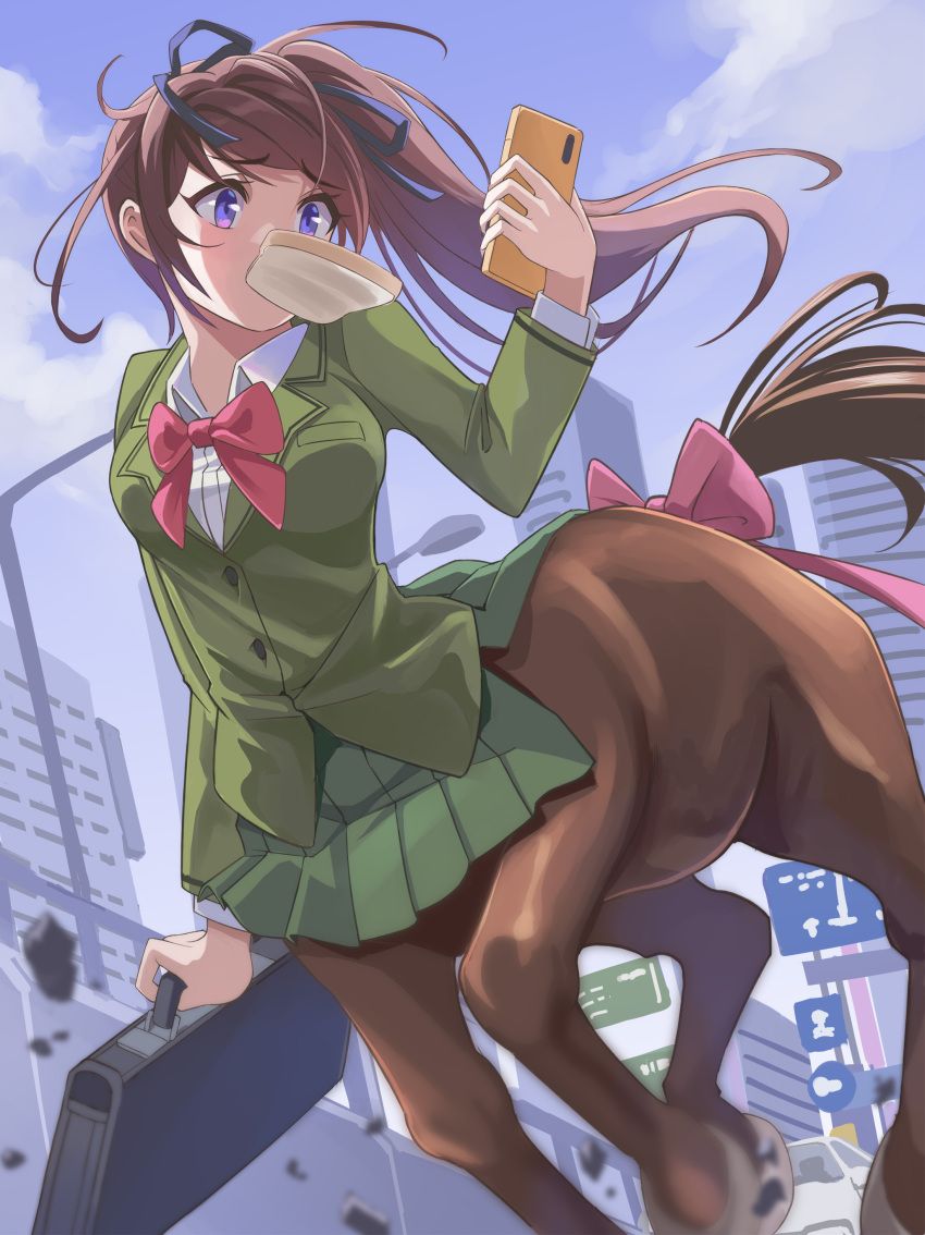 1girl absurdres bag being_late blue_ribbon blue_sky bow bowtie bread bread_slice breasts brown_hair car cellphone centaur cloud collared_shirt commentary_request day food food_in_mouth green_jacket green_skirt hair_between_eyes hair_ribbon highres highway holding holding_bag holding_phone hooves horse_tail jacket late_for_school long_hair long_sleeves looking_at_phone medium_breasts monster_girl motor_vehicle mouth_hold multiple_legs nikulas_cage original outdoors phone pink_bow pink_bowtie pleated_skirt ponytail purple_eyes ribbon road_sign rubble running school_uniform shirt sidelocks sign skirt sky smartphone solo tail taur toast toast_in_mouth white_shirt