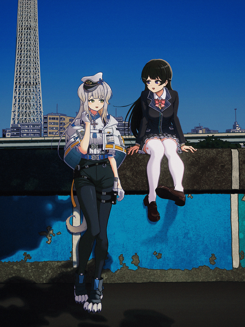 2girls :d arm_rest arms_at_sides black_footwear black_hair black_jacket black_pantyhose black_shorts black_skirt blazer blonde_hair blue_eyes blue_sky blush boots bow bowtie brown_footwear building city clear_sky collared_shirt day foot_up gloves gradient_hair grey_hair hair_ornament hairpin hat highres holster jacket loafers long_bangs long_hair long_sleeves looking_at_another miniskirt multicolored_hair multiple_girls nijisanji nkymyura open_clothes open_jacket open_mouth outdoors pantyhose pantyhose_under_shorts paw_shoes peaked_cap pink_bow pink_bowtie pleated_skirt school_uniform shadow shioriha_ruri shirt shoes shorts side-by-side sidelocks sitting_on_wall skirt sky skyscraper smile thigh_holster thighhighs tsukino_mito virtual_youtuber white_gloves white_hat white_jacket white_shirt white_thighhighs zettai_ryouiki