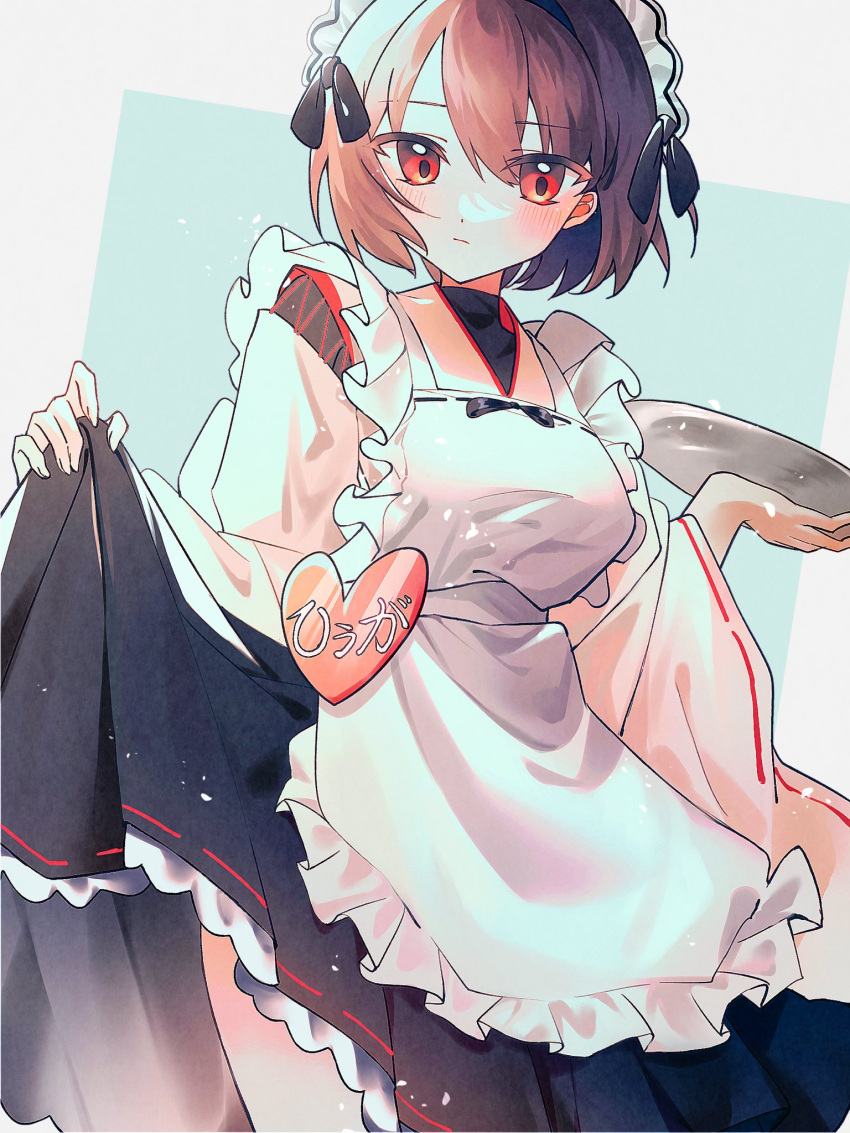 1girl alternate_costume apron blush breasts brown_hair character_name closed_mouth clothes_lift dress dress_lift enmaided frilled_apron frills hair_between_eyes highres holding holding_tray hyuuga_(kancolle) kantai_collection kazeshio lifted_by_self long_sleeves looking_at_viewer maid maid_headdress red_eyes short_hair skirt_hold solo tray two-tone_background wa_maid white_apron wide_sleeves