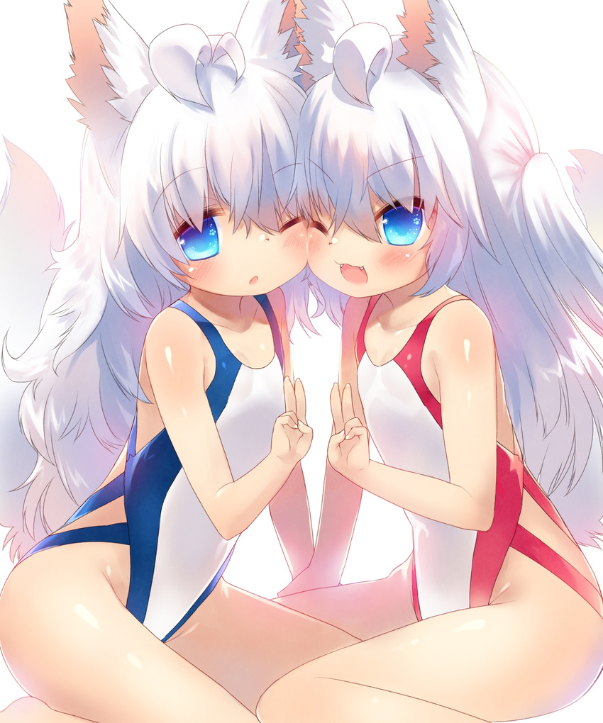 ;3 ;o ahoge animal_ears blue_eyes blush competition_swimsuit fangs highres kneeling long_hair looking_at_viewer multiple_girls one-piece_swimsuit one_eye_closed open_mouth original siblings simple_background swimsuit tail toba_hiyoko twins v white_background wolf_ears wolf_tail