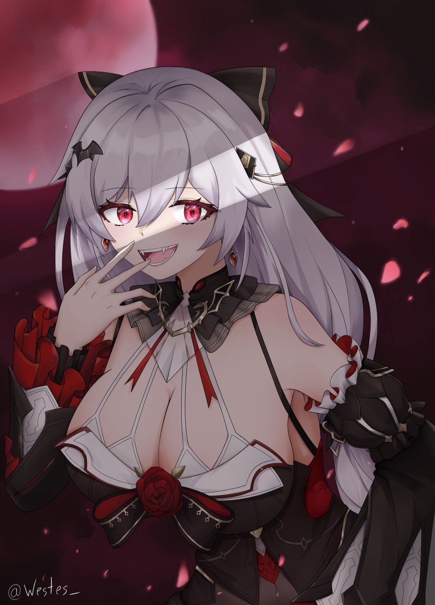 1girl :d absurdres bare_shoulders black_bow black_dress black_sleeves bow breasts cleavage detached_sleeves dress earrings english_commentary full_moon hair_bow highres honkai_(series) honkai_impact_3rd jewelry large_breasts long_hair long_sleeves moon open_mouth petals puffy_long_sleeves puffy_sleeves red_eyes red_sky sky smile solo theresa_apocalypse theresa_apocalypse_(luna_kindred) theresa_apocalypse_(lunar_vow:_crimson_love) vampire very_long_hair west_(user_frmf8438) white_hair