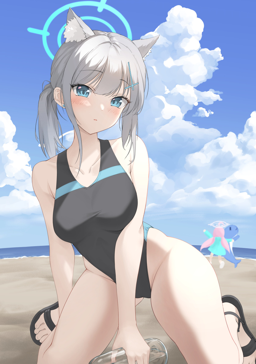 2girls absurdres animal_ear_fluff animal_ears black_one-piece_swimsuit blue_archive blue_eyes blue_sky bottle breasts cloud competition_swimsuit cross_hair_ornament day extra_ears full_body grey_hair hair_ornament halo highres hoshino_(blue_archive) hoshino_(swimsuit)_(blue_archive) inflatable_dolphin inflatable_toy kneeling laliru low_ponytail medium_breasts medium_hair mismatched_pupils multicolored_clothes multicolored_swimsuit multiple_girls official_alternate_costume one-piece_swimsuit outdoors sandals shiroko_(blue_archive) shiroko_(swimsuit)_(blue_archive) sky solo_focus swimsuit wolf_ears