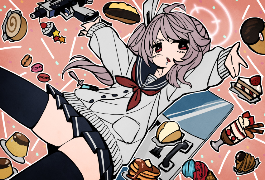 1girl black_sailor_collar black_skirt blue_archive blush brown_hair cardigan cowboy_shot custard doughnut drooling eclair_(food) fewer_digits food grey_cardigan gun hair_ornament hairclip halo highres ice_cream_cone long_hair long_sleeves looking_at_viewer macaron mikaku_(vbvpahw9) miniskirt natsu_(blue_archive) neckerchief no_sclera outline outstretched_arms pancake pancake_stack parfait pink_background pleated_skirt pudding red_eyes red_neckerchief riot_shield sailor_collar shield side_ponytail skindentation skirt solo spread_arms submachine_gun thighs triangle_mouth v-shaped_eyebrows weapon white_outline
