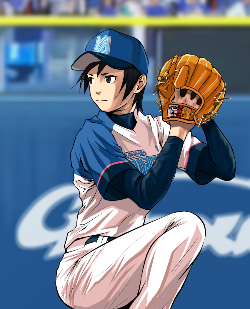 1girl baseball_cap baseball_mitt baseball_uniform black_eyes black_hair commentary_request hat highres long_sleeves mimiyama_kiichi original pixiv_girls'_pro_baseball serious short_hair solo sportswear standing standing_on_one_leg