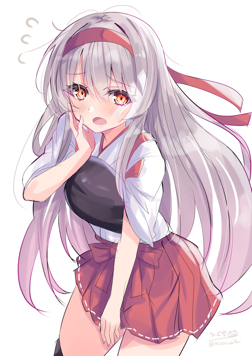 1girl absurdres cowboy_shot flying_sweatdrops grey_hair hairband hand_on_own_face highres hizaka japanese_clothes kantai_collection leaning_forward long_hair muneate one-hour_drawing_challenge pleated_skirt red_eyes red_hairband red_skirt shoukaku_(kancolle) skirt solo tasuki