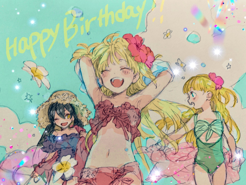 3girls bikini black_hair blonde_hair closed_eyes day flat_chest flower gacho_p hair_flower hair_ornament happy_birthday hat hibiscus highres idolmaster idolmaster_cinderella_girls jougasaki_rika long_hair looking_at_another mary_cochran matoba_risa multiple_girls navel one_eye_closed open_mouth outdoors sketch smile straw_hat swimsuit yellow_eyes