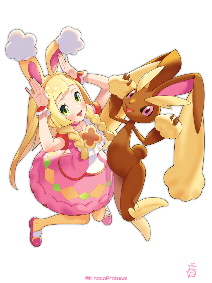 1girl :d animal_ears arms_up blonde_hair blush braid commentary_request cosplay eyelashes green_eyes hairband happy highres kinocopro lillie_(pokemon) long_hair lopunny may_(pokemon) may_(pokemon)_(cosplay) may_(spring_2021)_(pokemon) open_mouth pantyhose pink_footwear pink_skirt pokemon pokemon_(creature) pokemon_masters_ex pokemon_sm rabbit_ears rabbit_pose shoes short_sleeves skirt smile twin_braids twitter_username white_background wrist_cuffs yellow_hairband yellow_pantyhose