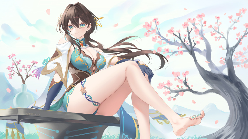 1girl absurdres aqua_eyes ass bare_shoulders barefoot bench black_dress black_gloves black_hair breasts cherry_blossoms cleavage commentary day dress elbow_gloves english_commentary feet flower foot_out_of_frame gloves hair_between_eyes hair_flower hair_ornament highres honkai:_star_rail honkai_(series) jacket jewelry large_breasts long_hair looking_at_viewer nail_polish necklace outdoors pearl_necklace ruan_mei_(honkai:_star_rail) sitting smile solo thick_thighs thighs toenail_polish toenails toes white_jacket zzo_(chorizzzzo)