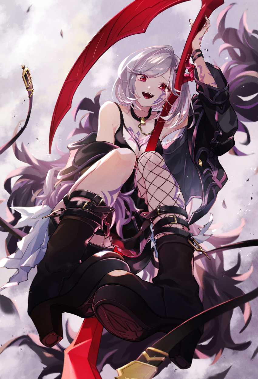 1girl absurdres alter_ego_malevolent_(granblue_fantasy) black_camisole black_jacket black_nails boots camisole choker djeeta_(granblue_fantasy) fishnet_pantyhose fishnets granblue_fantasy grey_hair highres holding holding_scythe jacket jewelry kajijii looking_at_viewer off_shoulder open_mouth pantyhose red_eyes scythe short_hair simple_background single_fishnet_legwear smile solo weapon