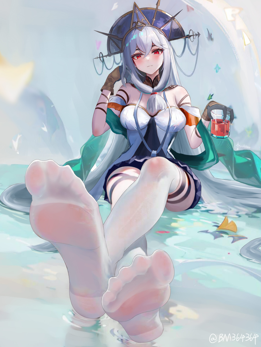 1girl absurdres arknights bare_shoulders black_dress bm_(bm364364) breasts chinese_commentary cleavage closed_mouth crossed_bangs cup dress drink feet foot_focus foreshortening full_body ginkgo_leaf gloves hand_up hat highres holding holding_cup leaf legs long_hair looking_at_viewer medium_breasts no_shoes phoenix_crown red_eyes sitting skadi_(arknights) skadi_the_corrupting_heart_(arknights) skadi_the_corrupting_heart_(sublimation)_(arknights) soles solo strapless strapless_dress thigh_strap thighhighs toes twitter_username two-tone_dress water wet wet_clothes wet_thighhighs white_dress white_hair white_thighhighs