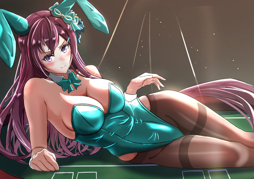 1girl absurdres animal_ears bow bowtie breasts brown_eyes brown_hair brown_pantyhose casino_card_table cleavage detached_collar ear_bow ear_covers feet_out_of_frame fuyu_no_oka green_bow green_bowtie green_leotard highres horse_girl horse_tail large_breasts leotard long_hair lying mejiro_dober_(umamusume) on_side pantyhose playboy_bunny rabbit_ears solo strapless strapless_leotard table tail thighband_pantyhose umamusume wrist_cuffs