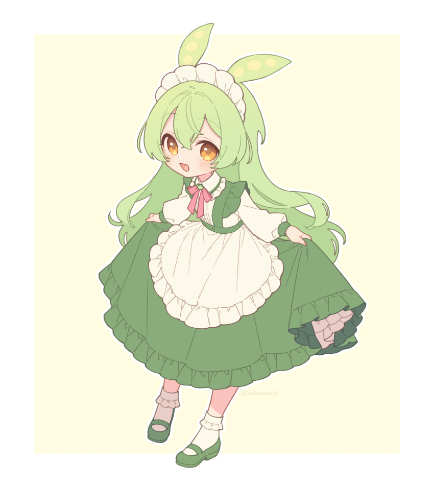 1girl absurdres adapted_costume alternate_hairstyle apron bobby_socks border collared_shirt frilled_apron frilled_shirt_collar frilled_skirt frills full_body goshi-san green_footwear green_hair green_skirt hair_between_eyes highres long_hair long_sleeves looking_at_viewer maid_headdress mary_janes neck_ribbon open_mouth outline outside_border petticoat ribbon shirt shoes simple_background skirt skirt_hold smile socks solo standing suspender_skirt suspenders twitter_username voicevox waist_apron white_apron white_border white_outline white_shirt white_socks yellow_background yellow_eyes zundamon