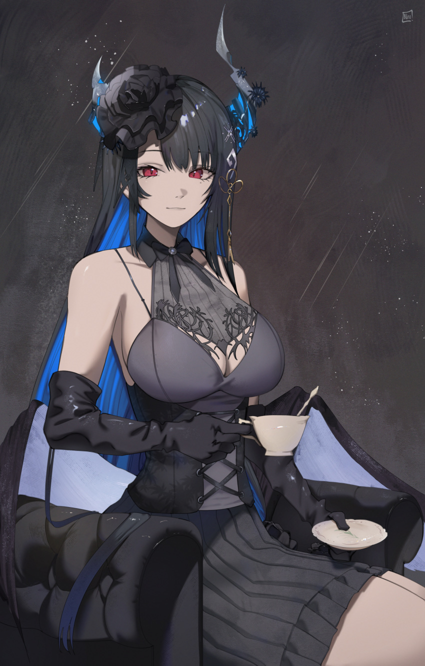 1girl absurdres alternate_costume asymmetrical_horns bare_shoulders black_hair blue_hair breasts cleavage colored_inner_hair cup demon_horns dress hair_ornament highres hololive hololive_english horns large_breasts long_hair looking_at_viewer mole mole_under_eye multicolored_hair nerissa_ravencroft o22no red_eyes smile solo tea teacup two-tone_hair uneven_horns very_long_hair virtual_youtuber