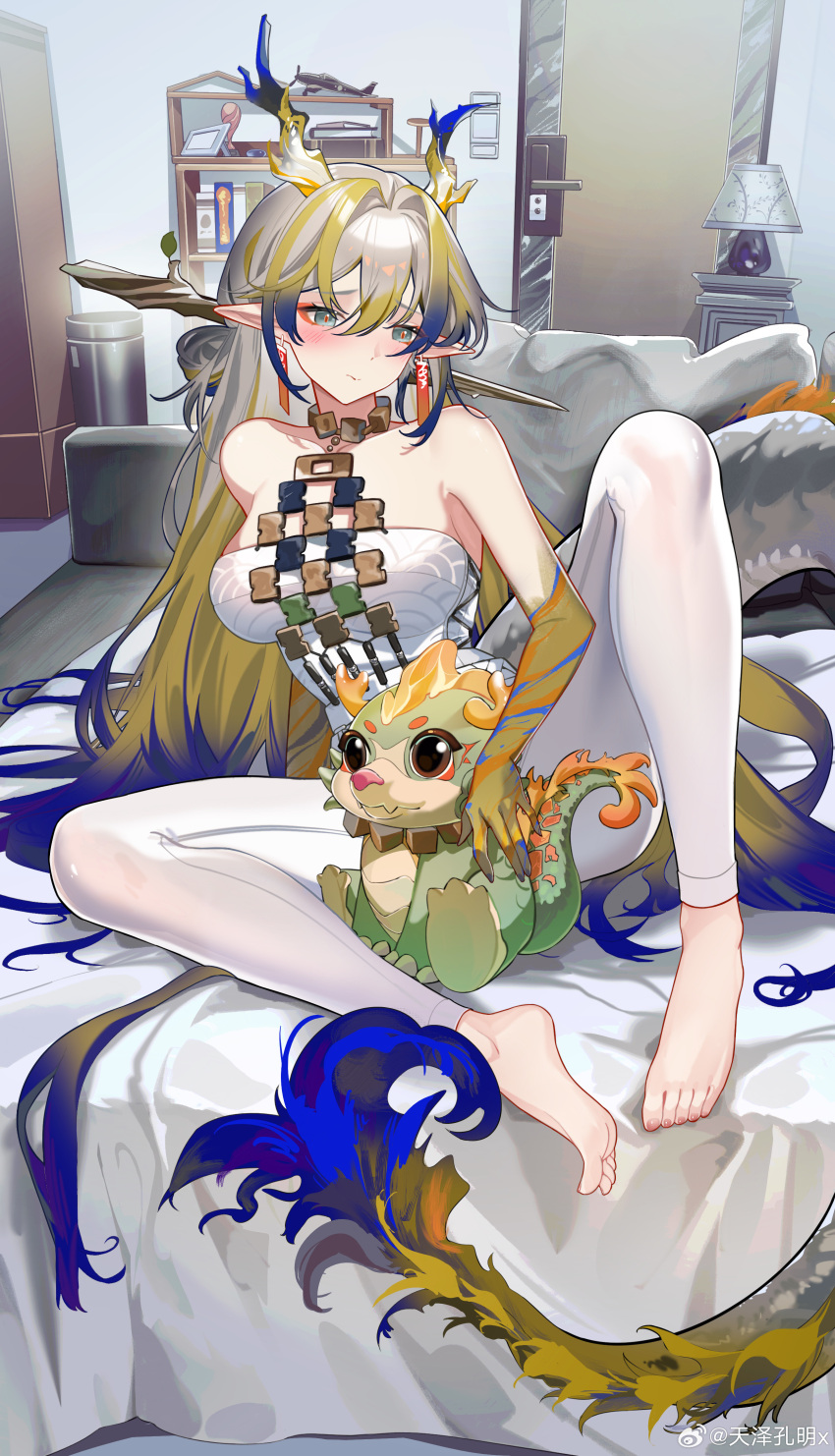 1girl absurdres arknights averting_eyes bare_arms bare_shoulders barefoot blonde_hair blue_hair blue_horns breasts chinese_commentary closed_mouth colored_skin commentary_request door dragon_girl dragon_horns earrings embarrassed full_body green_eyes grey_hair grey_horns hair_between_eyes hair_intakes highres horns indoors jewelry lamp leggings long_hair looking_down medium_breasts multicolored_hair necklace no_jacket picture_frame pointy_ears purple_hair red_pupils shu_(arknights) solo strapless stuffed_animal stuffed_toy tianzekongming toenails toes toy_airplane tube_top very_long_hair watermark weibo_logo white_leggings white_tube_top yellow_horns yellow_skin