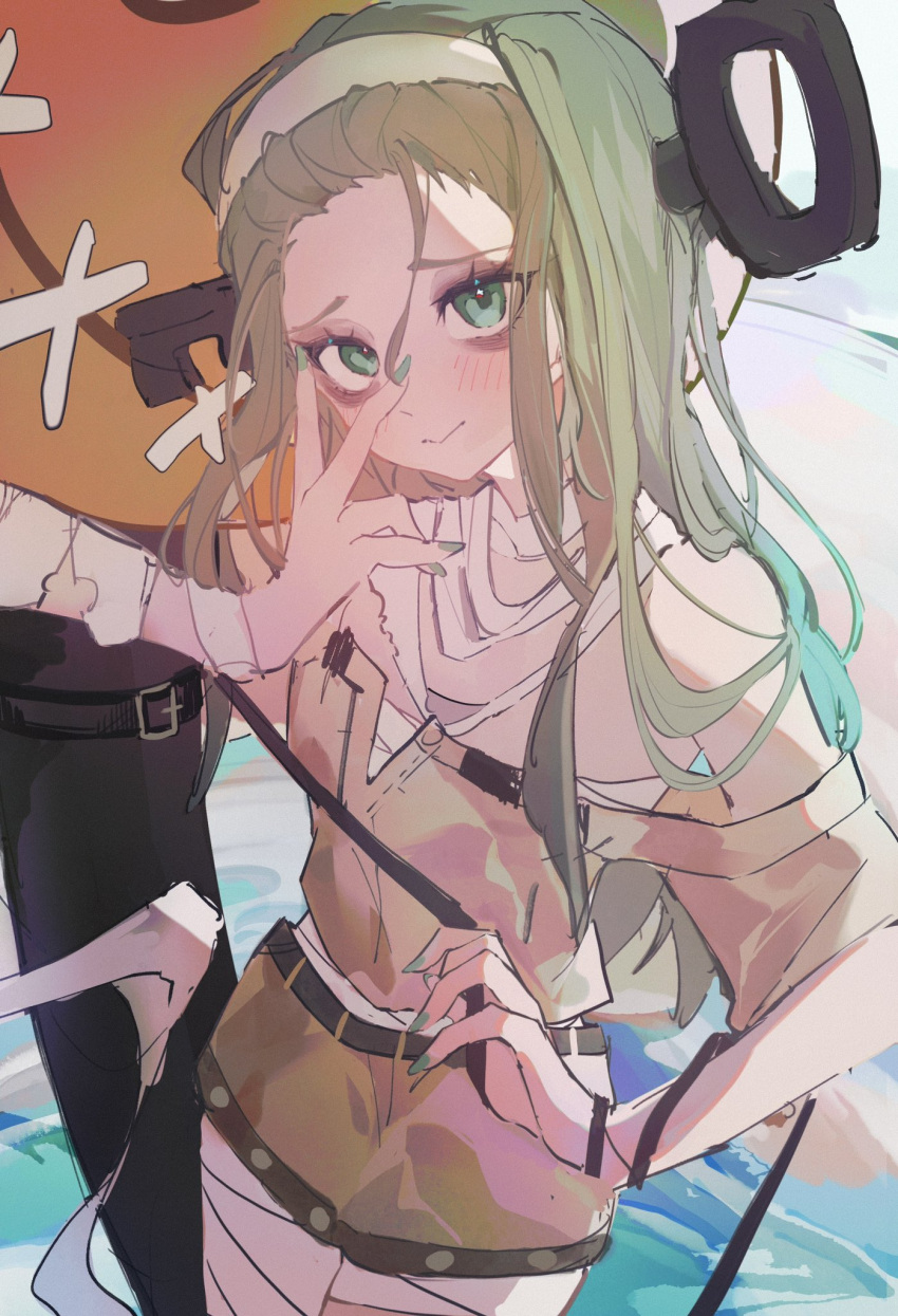 1girl :&gt; a.b.a bags_under_eyes bandaged_arm bandaged_leg bandaged_neck bandages bare_shoulders blush brown_skirt cowboy_shot green_eyes green_hair green_nails guilty_gear guilty_gear_strive headband highres kazuu_000 key_in_head long_hair looking_at_viewer loose_hair_strand nail_polish object_through_head off-shoulder_shirt off_shoulder paracelsus_(guilty_gear) shirt skirt solo v_over_eye white_headband