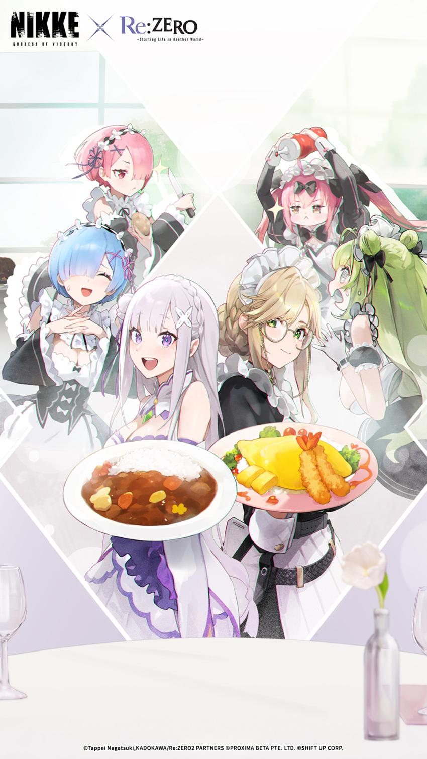 6+girls :&lt; ade_(nikke) apron arms_up artist_request black_dress blue_hair bottled_plant brown_hair carrot closed_eyes closed_mouth cocoa_(nikke) commentary copyright_name cropped curry curry_rice dress emilia_(re:zero) english_commentary false_smile food gloves goddess_of_victory:_nikke green_eyes green_hair hair_over_one_eye highres holding holding_plate indoors ketchup long_hair long_sleeves looking_at_viewer maid maid_apron maid_headdress medium_hair multiple_girls omelet omurice open_mouth own_hands_together pink_eyes pink_hair plate potato purple_eyes ram_(re:zero) re:zero_kara_hajimeru_isekai_seikatsu rem_(re:zero) rice second-party_source shrimp shrimp_tempura smile soda_(nikke) sparkle sweatdrop table tempura white_dress white_gloves white_hair worried