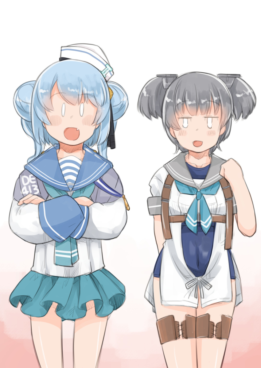 0_0 1girl aqua_neckerchief aqua_skirt blue_hair blue_neckerchief blue_one-piece_swimsuit blue_sailor_collar chest_harness crossed_arms dixie_cup_hat double_bun enjaku_izuku feet_out_of_frame gradient_background grey_hair grey_sailor_collar hair_bun harness hat hat_ribbon headgear highres i-36_(kancolle) kantai_collection looking_at_viewer medium_hair military_hat navy_cross neckerchief one-piece_swimsuit ribbon sailor_collar samuel_b._roberts_(kancolle) samuel_b._roberts_mk_ii_(kancolle) school_swimsuit school_uniform serafuku short_hair skirt sleeve_cuffs solo swimsuit swimsuit_under_clothes thigh_strap twintails white_background white_hat