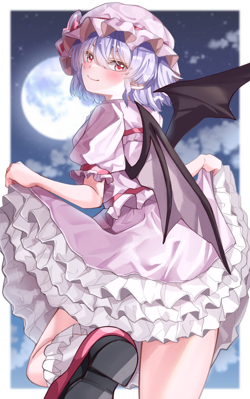 1girl absurdres bat_wings blue_hair blurry blurry_background blush border closed_mouth commentary commission cowboy_shot eyebrows_hidden_by_hair frilled_skirt frills from_behind full_moon hair_between_eyes hat hat_ribbon highres looking_at_viewer looking_back mahoro_(minase_mahoro) mob_cap moon night outdoors petticoat pink_hat pink_shirt pink_skirt puffy_short_sleeves puffy_sleeves red_eyes red_footwear red_ribbon remilia_scarlet ribbon shirt shoe_soles short_hair short_sleeves skeb_commission skirt skirt_hold smile socks solo standing standing_on_one_leg star_(sky) touhou tsurime white_border white_socks wings