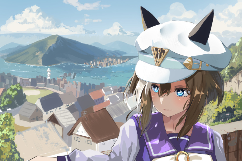 1girl animal_ears blue_eyes blue_sky bow brown_hair cheval_grand_(umamusume) cloud cloudy_sky ear_covers grass hair_between_eyes hat hay horse_ears horse_girl house long_sleeves mountain multicolored_hair ocean outdoors peaked_cap purple_shirt sailor_collar school_uniform shirt sky solo streaked_hair tracen_school_uniform tree umamusume water white_bow white_hair white_hat winter_uniform yoojp