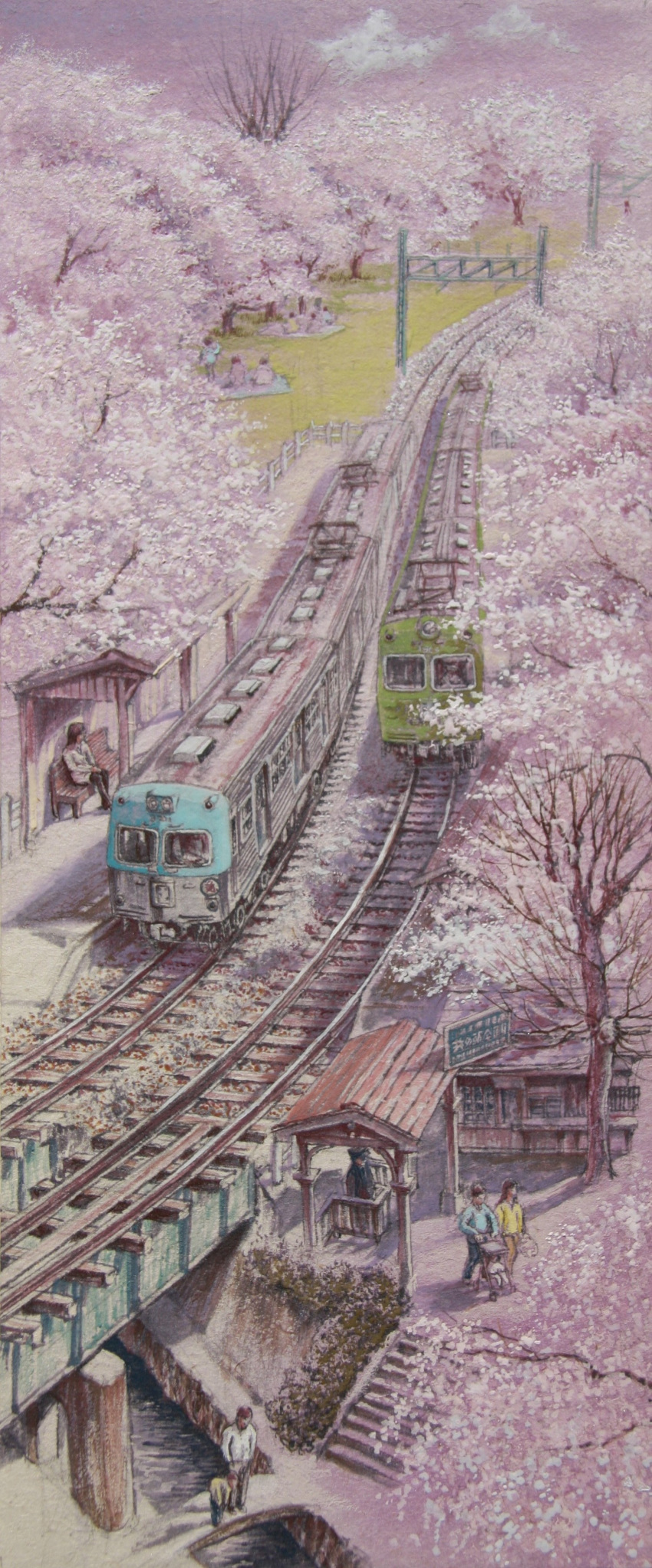 absurdres ballast bench bush cherry_blossoms cloud cloudy_sky grass highres nihonga original pantograph plant railroad_tracks sky tanamachi_yoshihiro train train_station train_station_platform tree