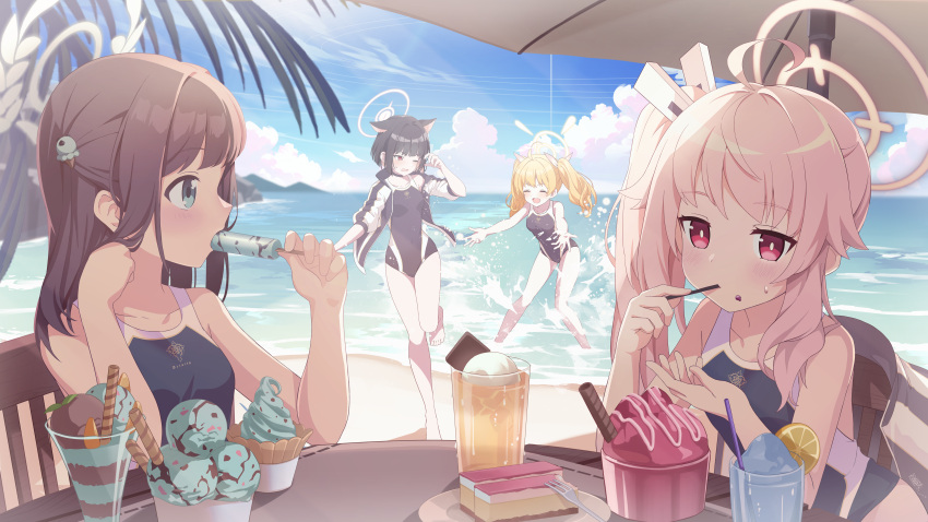 4girls absurdres after-school_sweets_club_(blue_archive) ahoge airi_(blue_archive) animal_ears bare_arms bare_legs bare_shoulders beach black_hair black_one-piece_swimsuit blonde_hair blue_archive blush breasts cat_ears chair closed_eyes collarbone colored_inner_hair day drink eating extra_ears food green_eyes green_halo hair_ornament halo highres holding holding_food ice_cream jacket kazusa_(blue_archive) long_hair medium_breasts mint_chocolate multicolored_hair multiple_girls natsu_(blue_archive) ocean one-piece_swimsuit one_eye_closed open_clothes open_jacket open_mouth outdoors parasol pink_hair pink_halo popsicle red_eyes school_swimsuit short_hair side_ponytail sitting small_breasts smile swimsuit ttt_(xtttx) twintails umbrella water yellow_halo yoshimi_(blue_archive)