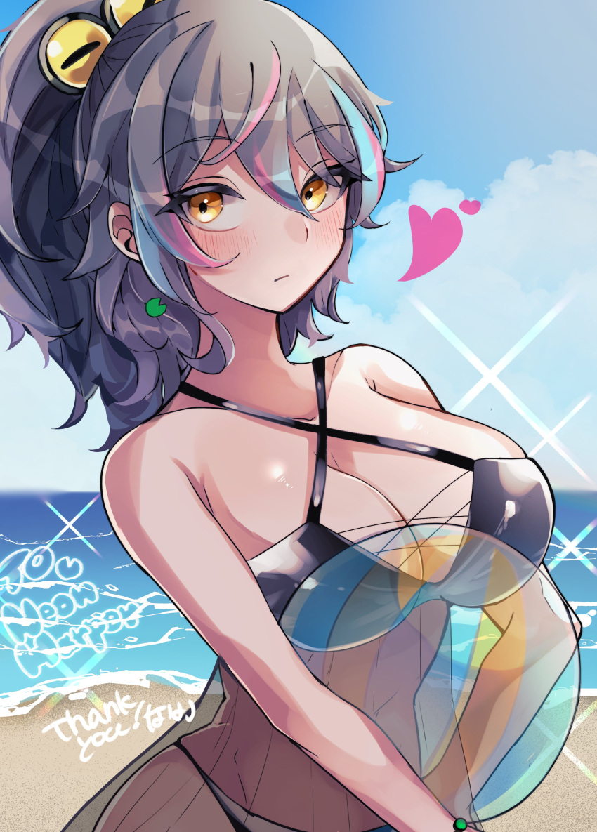 1girl absurdres ball beach beachball bikini black_bikini blue_hair blush breasts character_name closed_mouth cloud collarbone commission criss-cross_halter grey_hair hair_between_eyes hair_ornament halterneck heart highres holding holding_ball holding_beachball horizon indie_virtual_youtuber lily_pad long_hair multicolored_hair na_(niruo3) neon_harper ocean orange_eyes pink_hair ponytail second-party_source see-through shore skeb_commission sky solo streaked_hair swimsuit tan thank_you virtual_youtuber