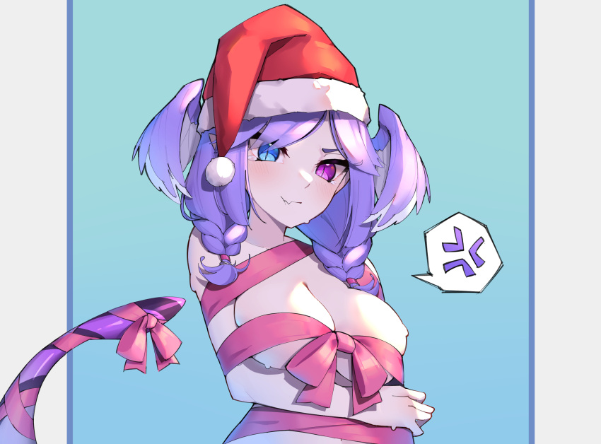 1girl anger_vein blue_background blue_eyes braid breasts cleavage english_commentary fang goat_king hat head_wings heterochromia highres large_breasts long_hair naked_ribbon nijisanji nijisanji_en purple_eyes purple_hair ribbon santa_hat selen_tatsuki skin_fang solo spoken_anger_vein tail twin_braids upper_body virtual_youtuber wings