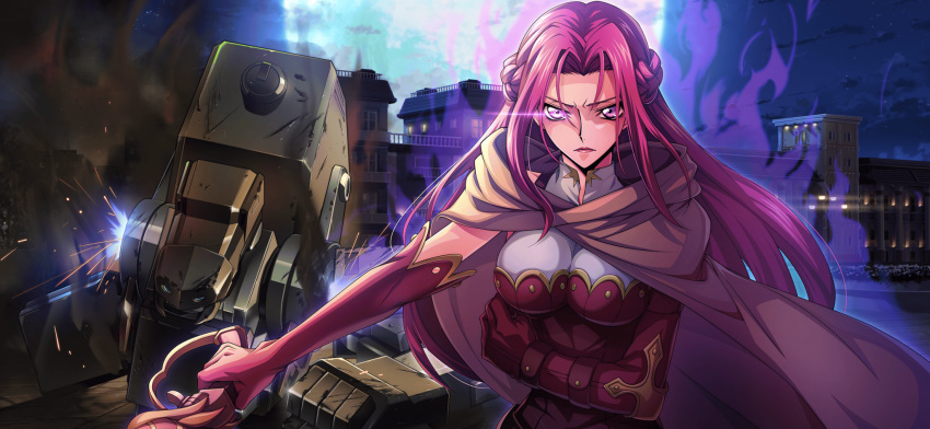 1girl artist_request aura blue_sky braid breasts broken clenched_hand closed_mouth cloud code_geass code_geass:_lost_stories cornelia_li_britannia crown_braid damaged dark_aura elbow_gloves eye_trail forehead french_braid full_moon game_cg glasgow_(code_geass) gloves grey_cloak gunblade hair_intakes highres holding holding_weapon large_breasts light_trail looking_at_viewer mecha moon night non-web_source official_art outdoors outstretched_arm purple_eyes purple_gloves purple_shirt robot serious shirt sidelocks sky sleeveless sleeveless_shirt smoke solo sparks upper_body v-shaped_eyebrows weapon