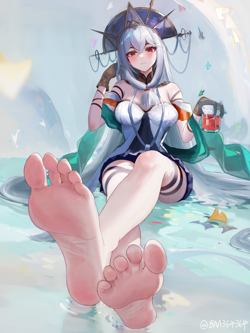 1girl absurdres arknights bare_shoulders barefoot black_dress blush bm_(bm364364) breasts chinese_commentary cleavage closed_mouth crossed_bangs crossed_legs cup dress drink feet foot_focus foreshortening full_body ginkgo_leaf gloves hand_up hat highres holding holding_cup leaf legs long_hair looking_at_viewer medium_breasts phoenix_crown red_eyes sitting skadi_(arknights) skadi_the_corrupting_heart_(arknights) skadi_the_corrupting_heart_(sublimation)_(arknights) soles solo strapless strapless_dress thigh_strap toes twitter_username two-tone_dress water white_dress white_hair